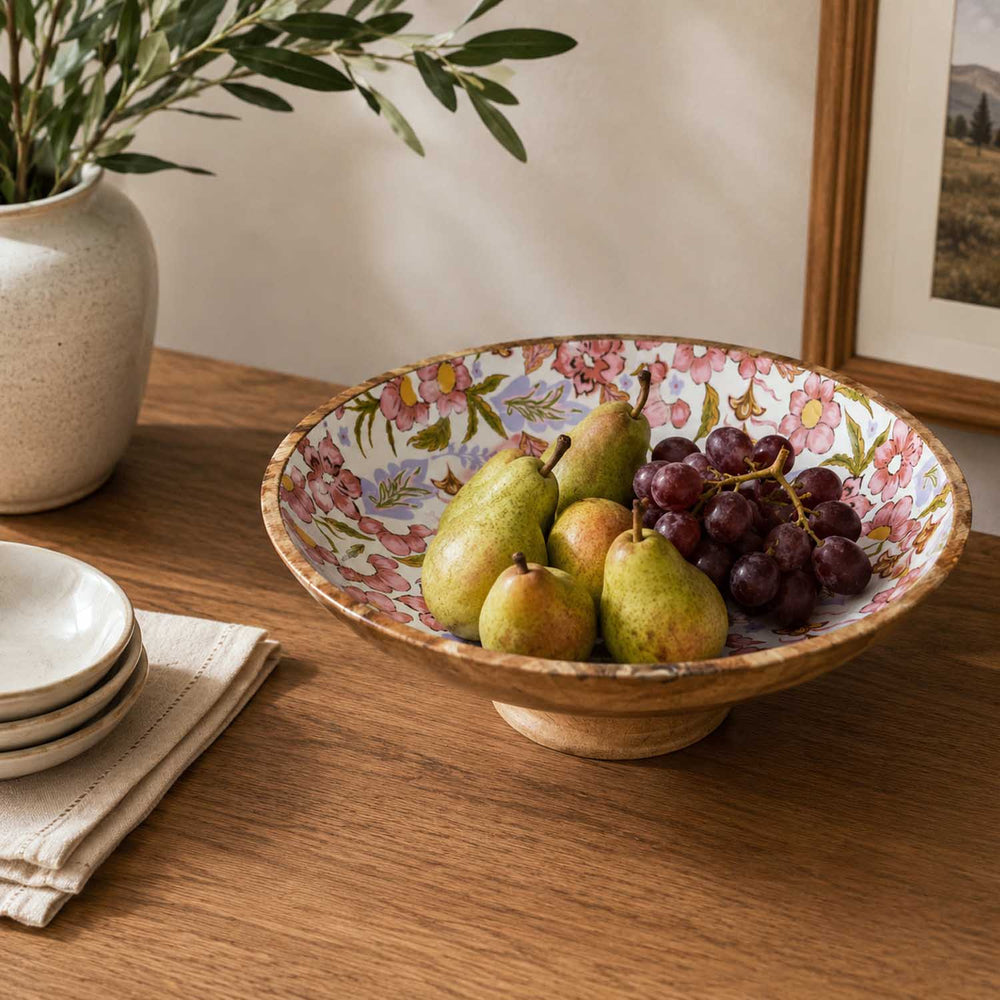 Floral Wooden Salad Bowl with Base- Pink