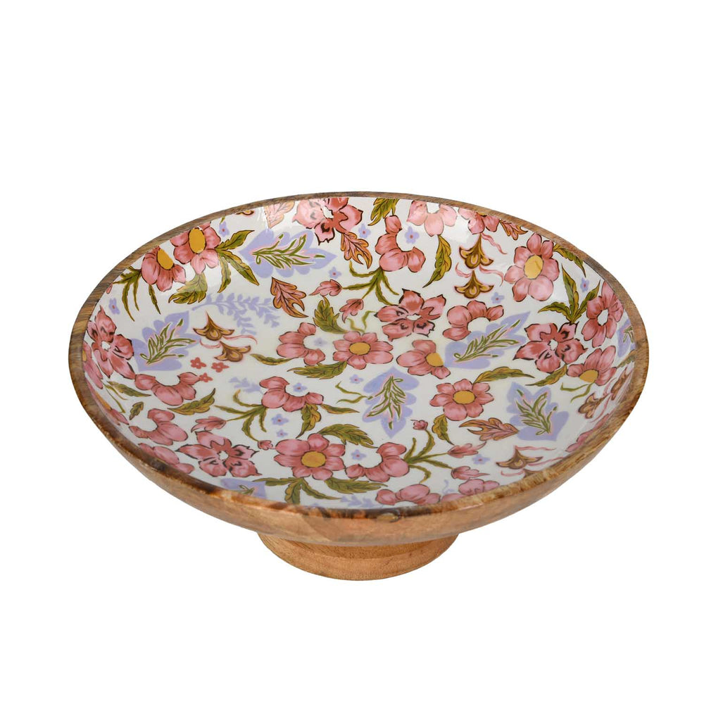 Floral Wooden Salad Bowl with Base- Pink