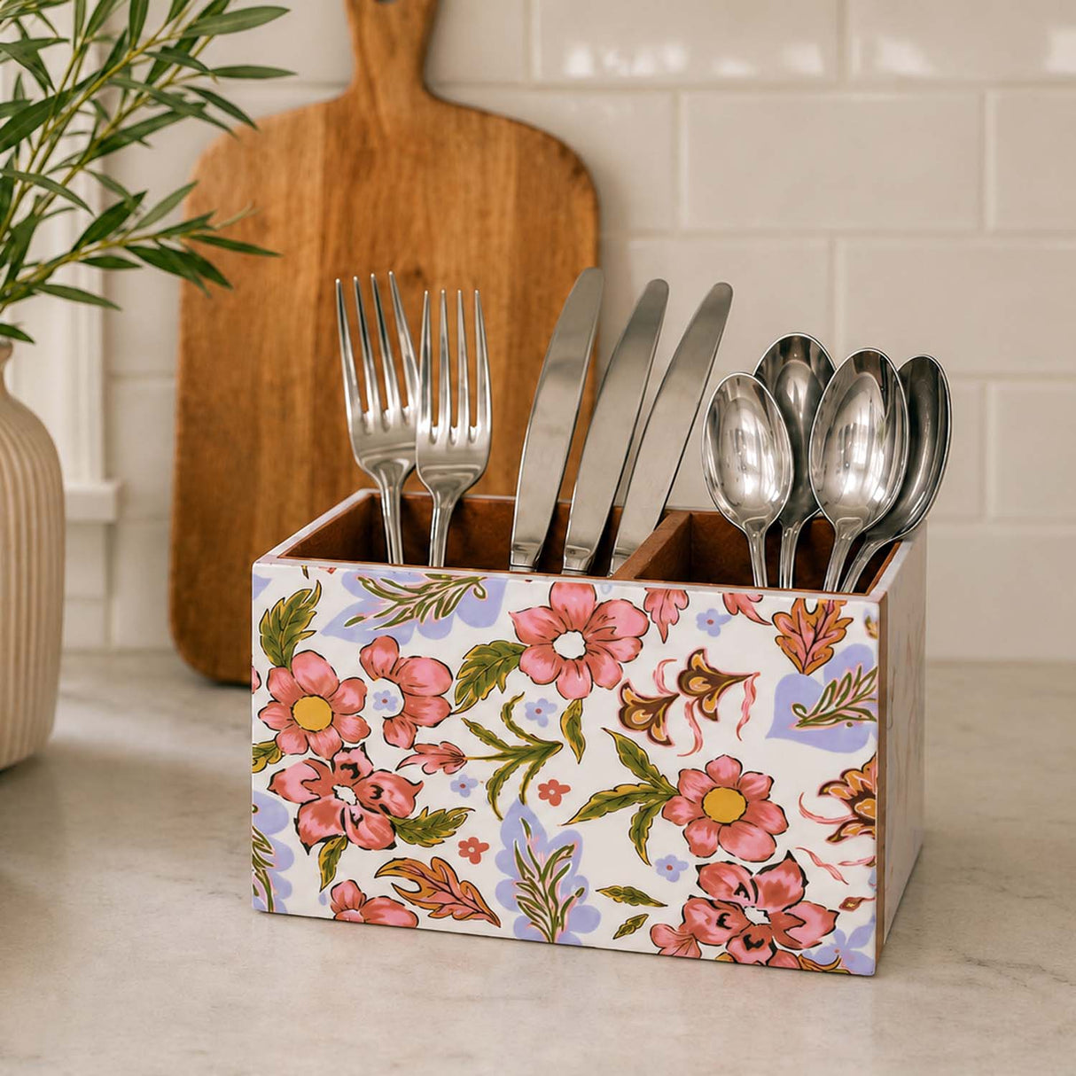 Square 2 Compartments Wooden Cutlery Holder- Pink