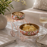 Floral Wooden and Metal Serving Cart with 2 Bowls- Pink