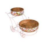 Floral Wooden and Metal Serving Cart with 2 Bowls- Pink