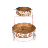 Floral Wooden and Metal Serving Cart with 2 Bowls- Pink
