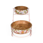 Floral Wooden and Metal Serving Cart with 2 Bowls- Pink