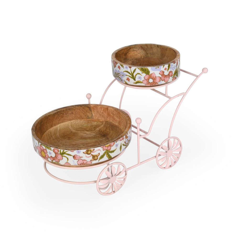Floral Wooden and Metal Serving Cart with 2 Bowls- Pink