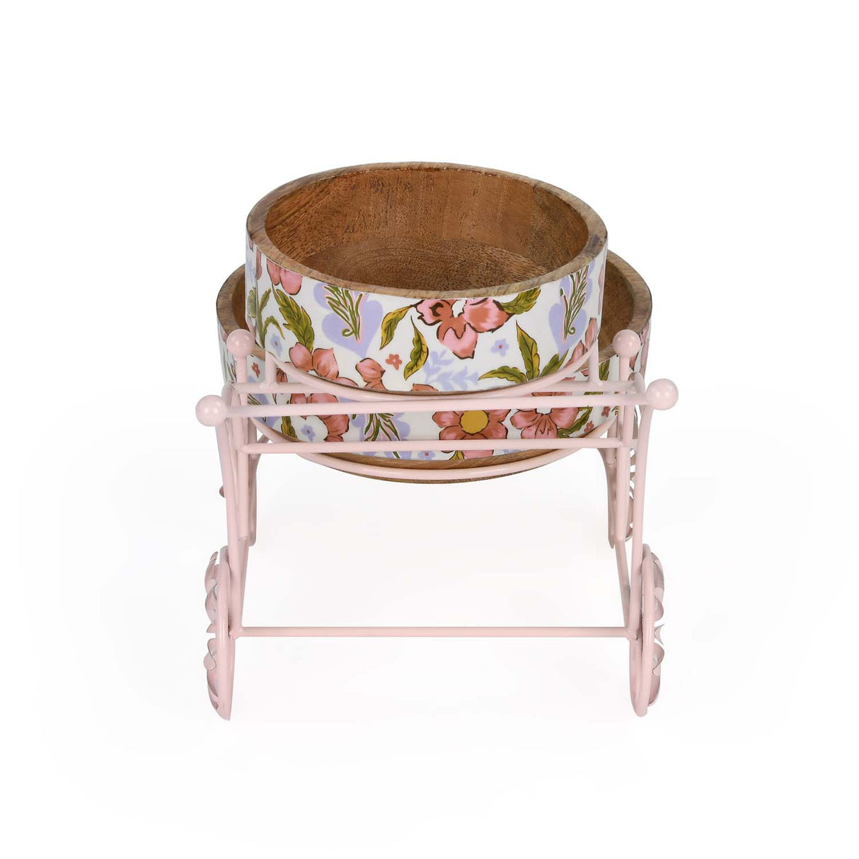 Floral Wooden and Metal Serving Cart with 2 Bowls- Pink
