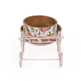 Floral Wooden and Metal Serving Cart with 2 Bowls- Pink