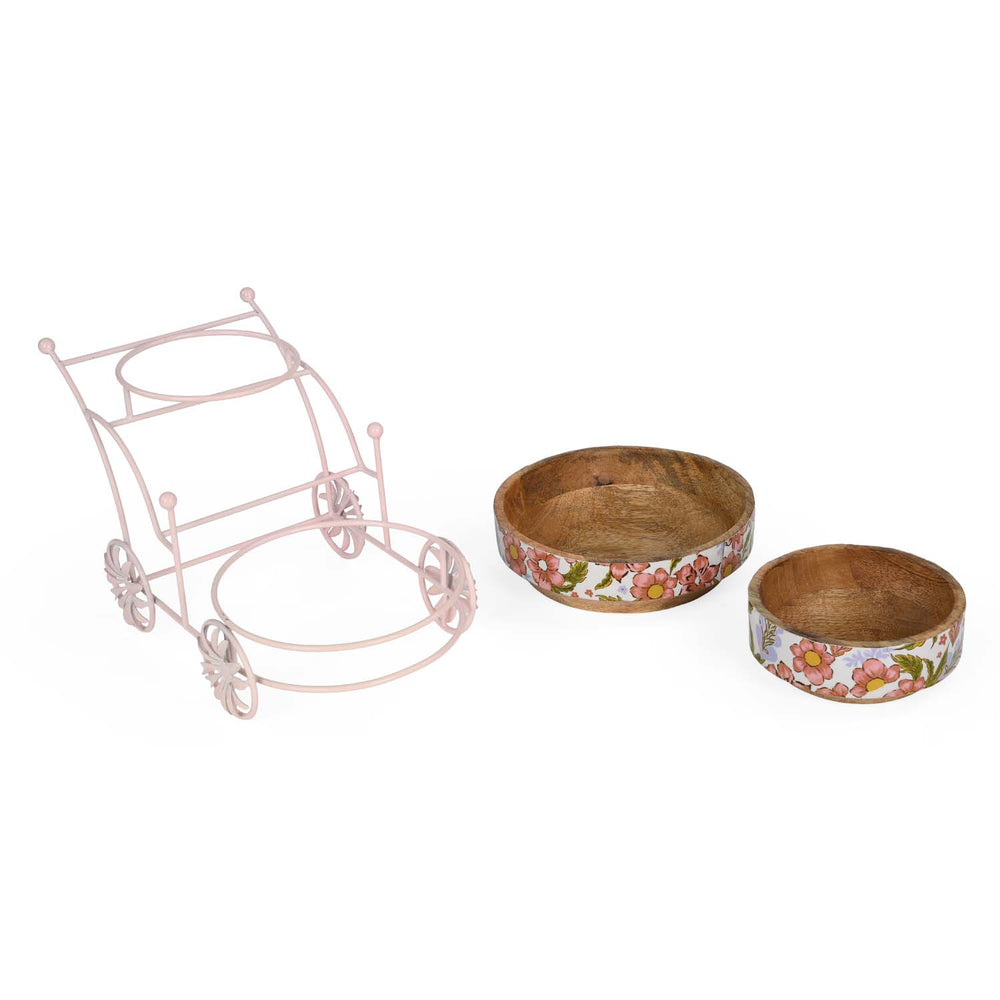 Floral Wooden and Metal Serving Cart with 2 Bowls- Pink