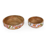 Floral Wooden and Metal Serving Cart with 2 Bowls- Pink