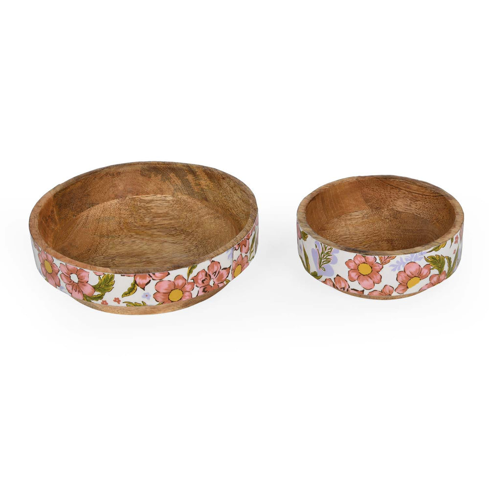 Floral Wooden and Metal Serving Cart with 2 Bowls- Pink