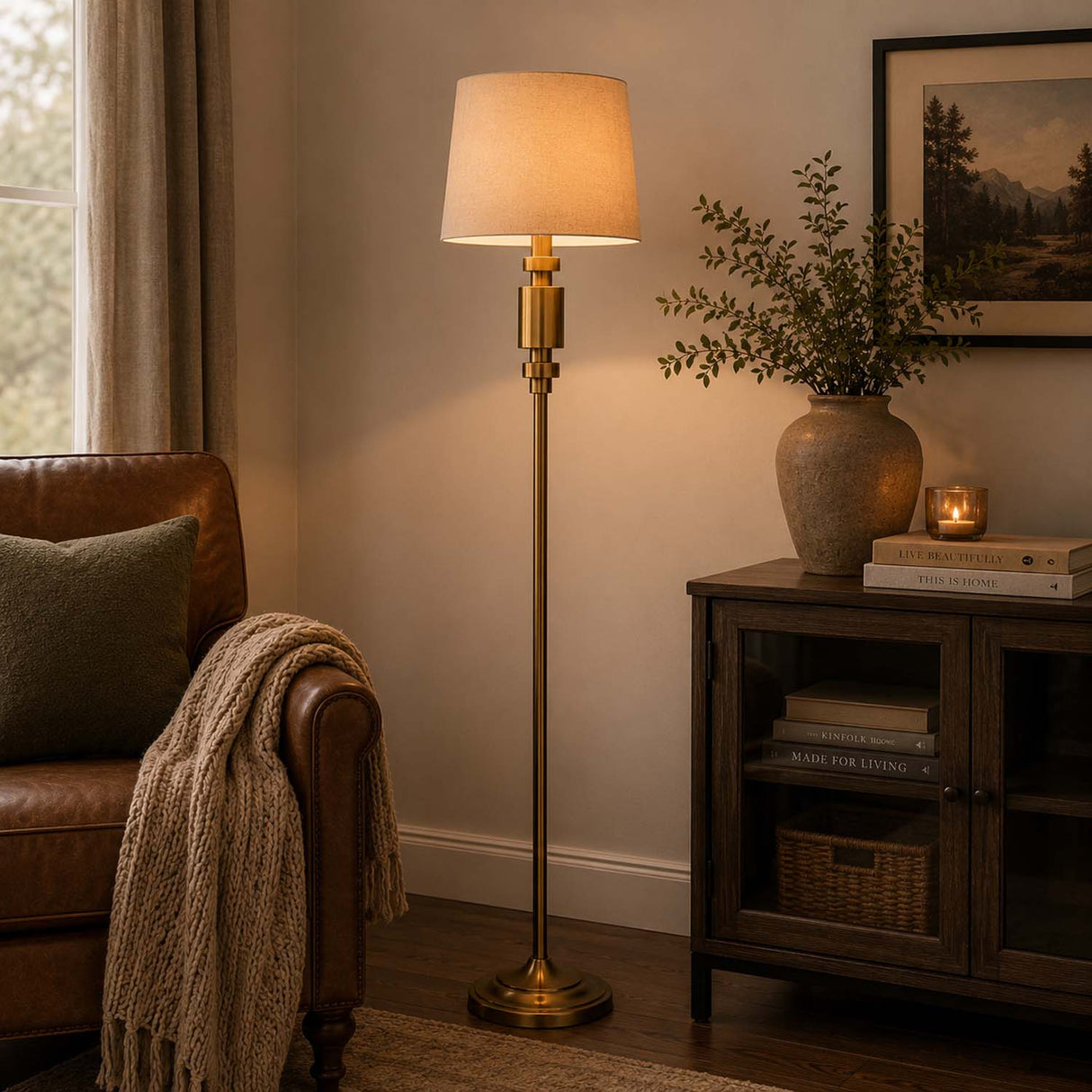 Stacked Drums Metal & Fabric Floor Lamp- Gold & Cream