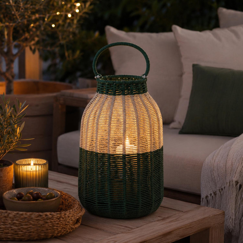 Decorative Two Toned Lantern- Green & Beige, Large