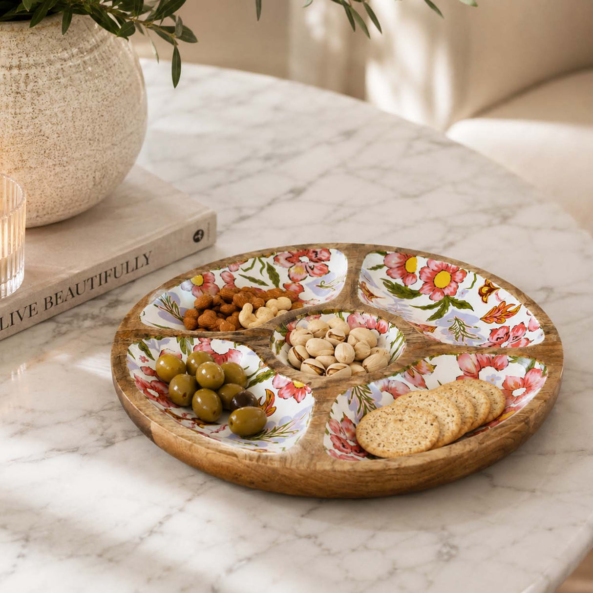 4 Compartments with Bowl Wooden Serving Platter- Pink
