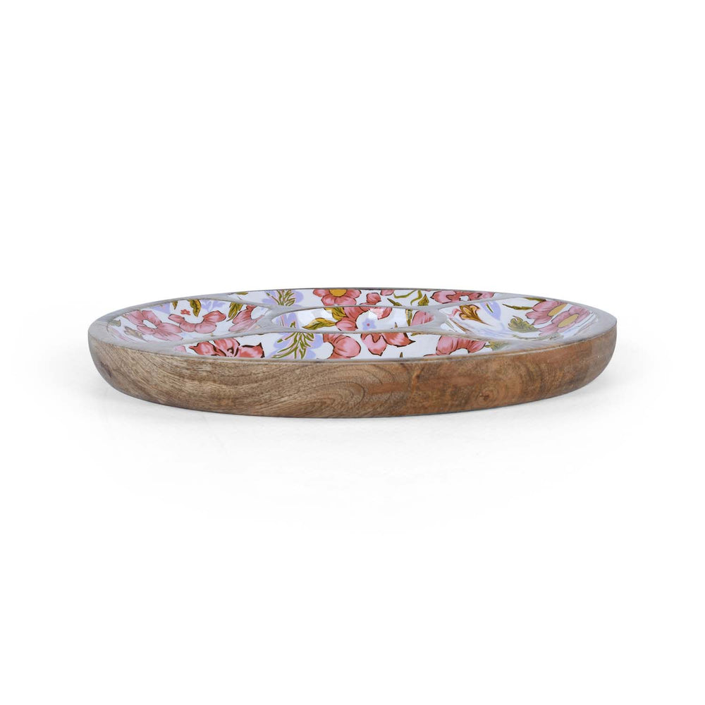 4 Compartments with Bowl Wooden Serving Platter- Pink