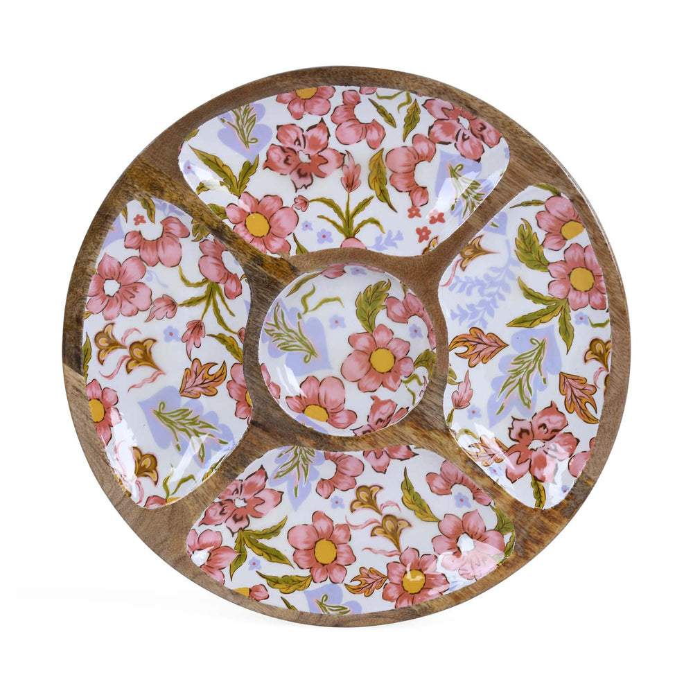 4 Compartments with Bowl Wooden Serving Platter- Pink