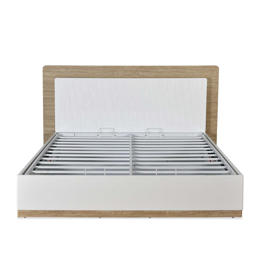 Tron Queen Bed with Hydraulic Storage- Travertine & White