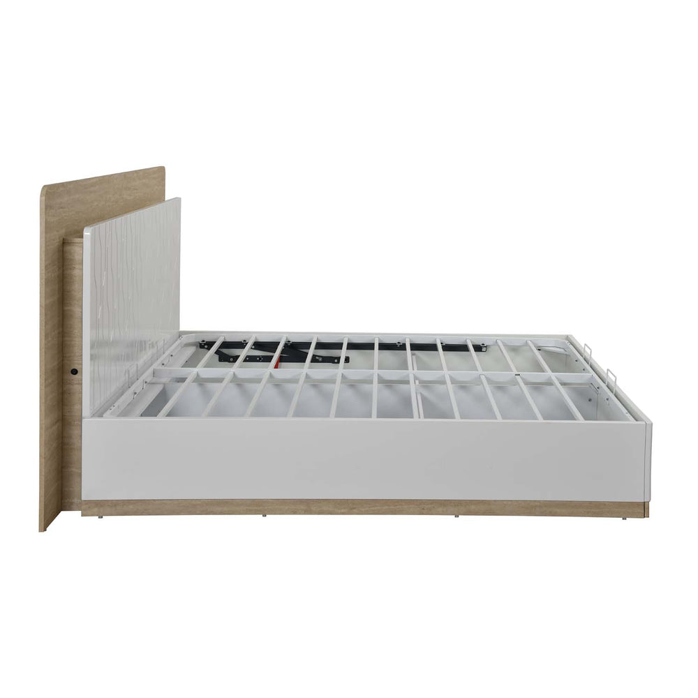 Tron Queen Bed with Hydraulic Storage- Travertine & White