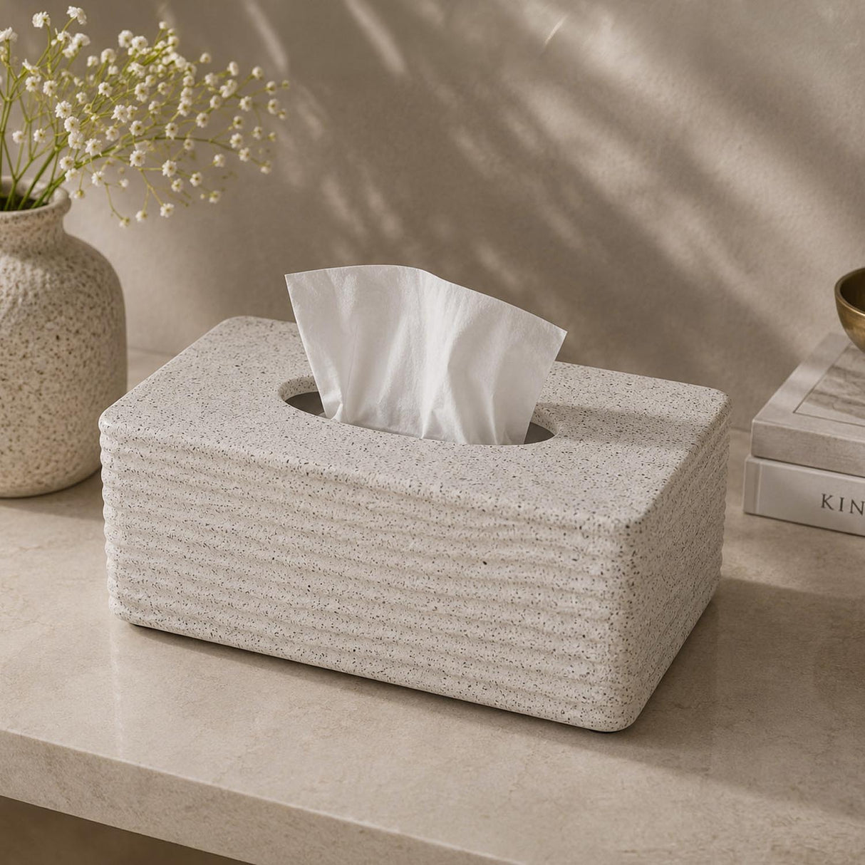 Textured Polyresin Tissue Box- Off White