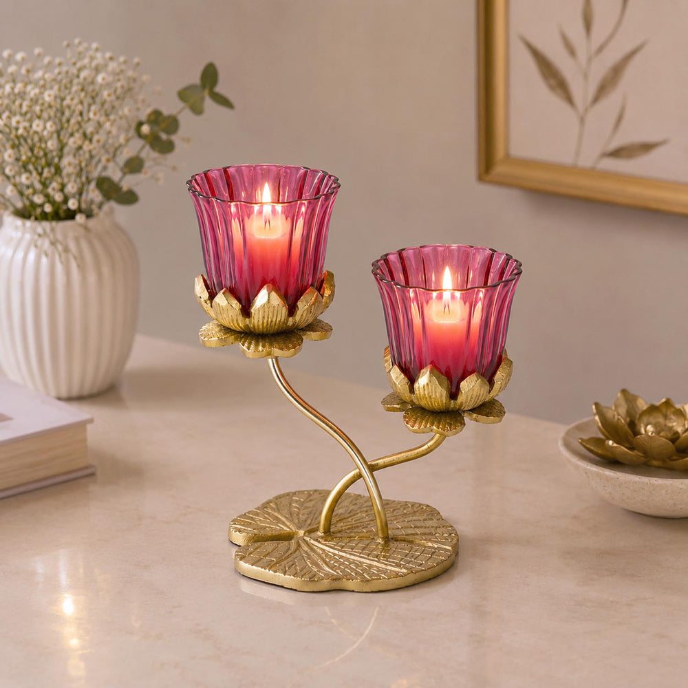 Two Lotus Metal and Glass Candle Holder- Pink & Gold
