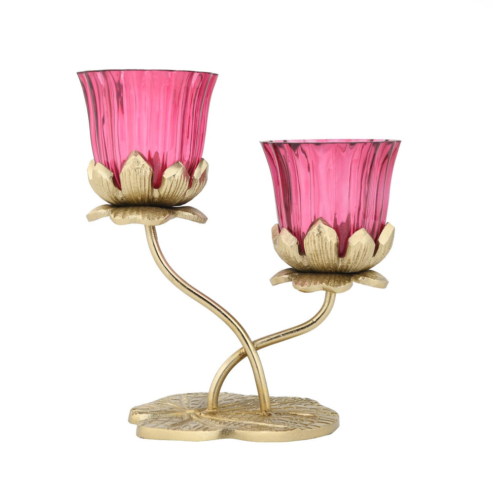 Two Lotus Metal and Glass Candle Holder- Pink & Gold