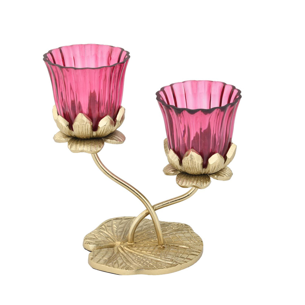 Two Lotus Metal and Glass Candle Holder- Pink & Gold