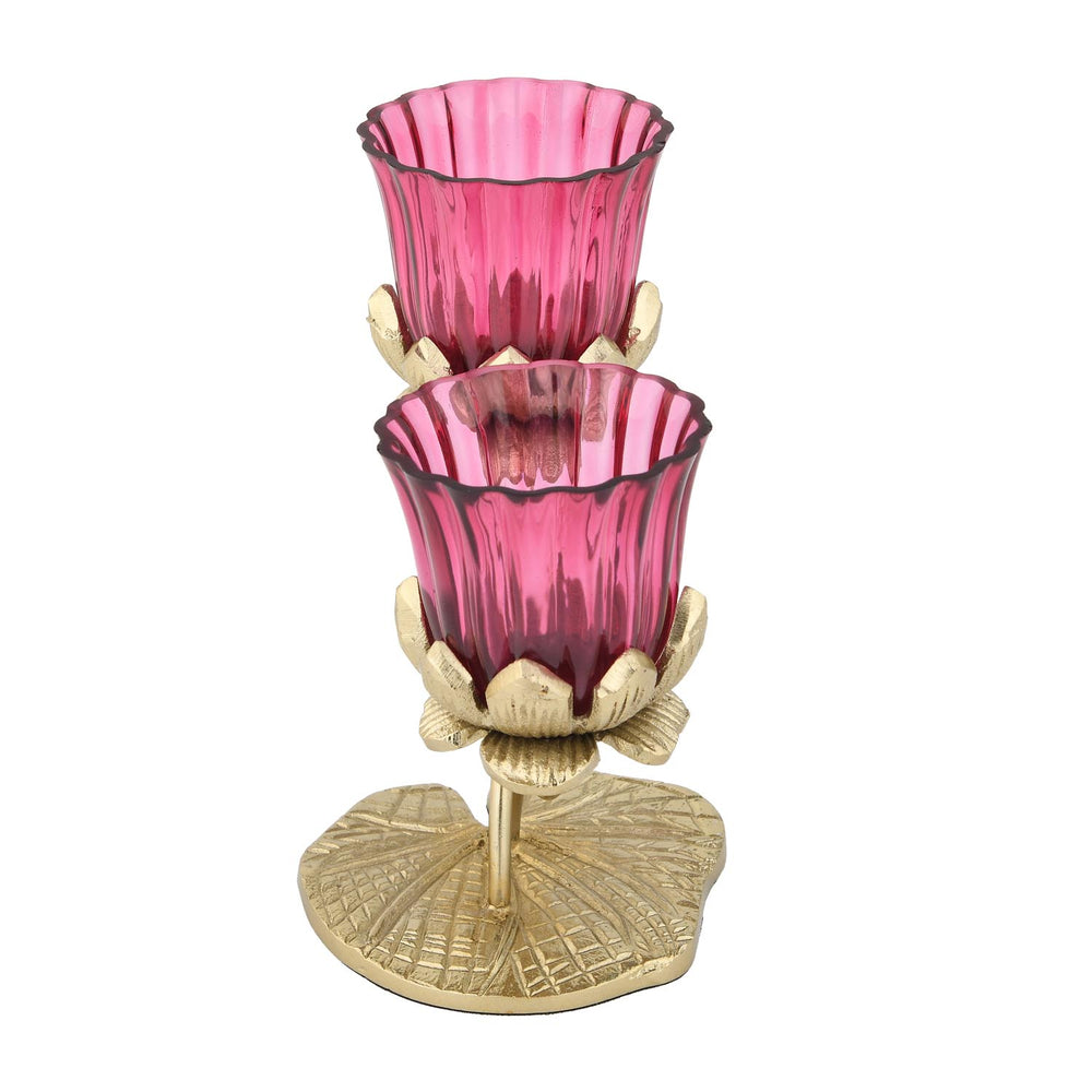 Two Lotus Metal and Glass Candle Holder- Pink & Gold