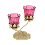 Two Lotus Metal and Glass Candle Holder- Pink & Gold