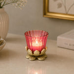 Lotus Base Metal and Glass Votive- Small, Pink & Gold