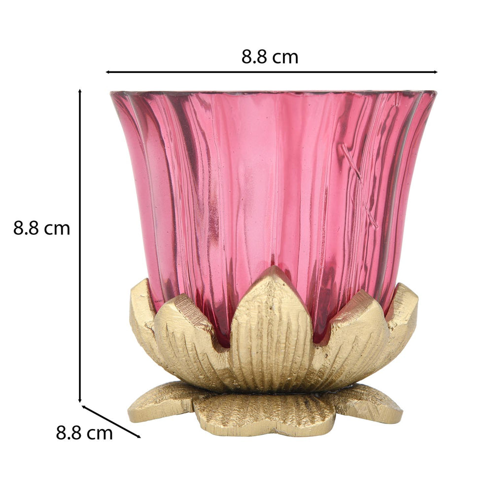 Lotus Base Metal and Glass Votive- Small, Pink & Gold