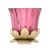 Lotus Base Metal and Glass Votive- Small, Pink & Gold