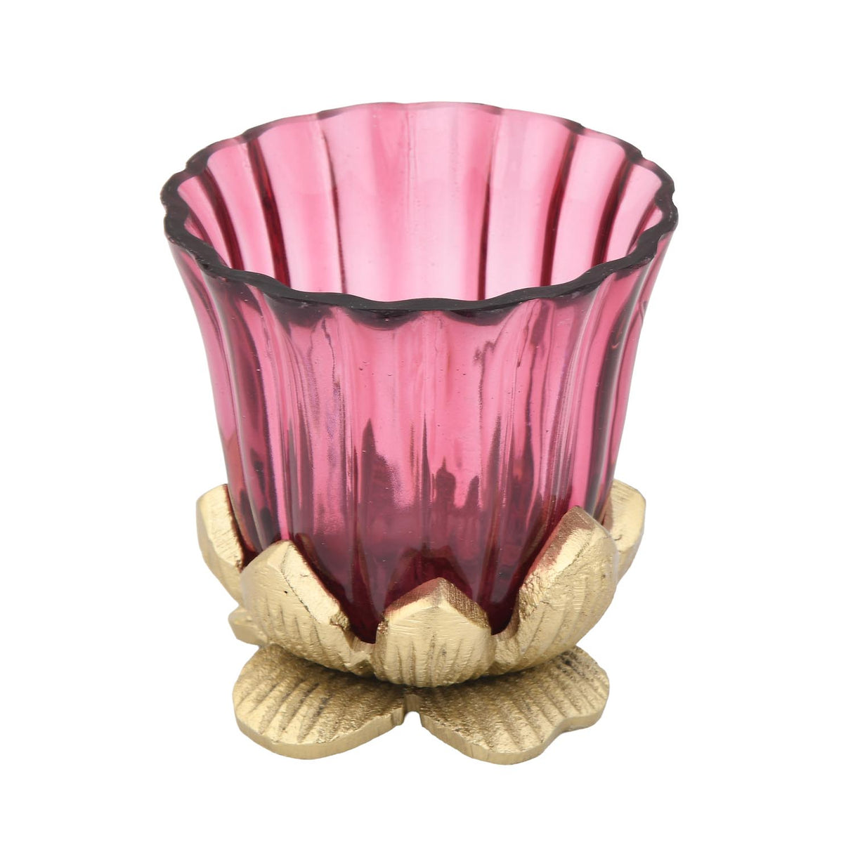 Lotus Base Metal and Glass Votive- Small, Pink & Gold
