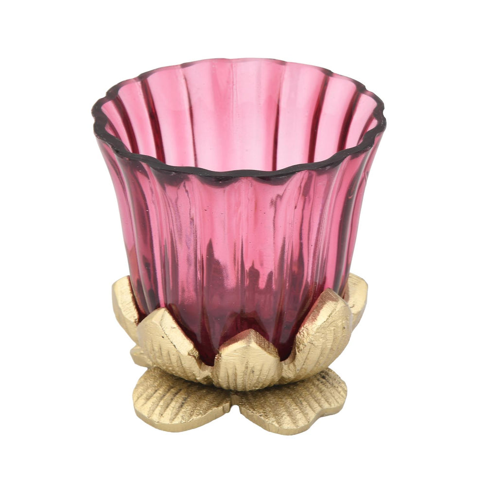 Lotus Base Metal and Glass Votive- Small, Pink & Gold