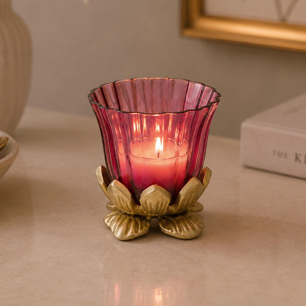 Lotus Base Metal and Glass Votive- Large, Pink & Gold