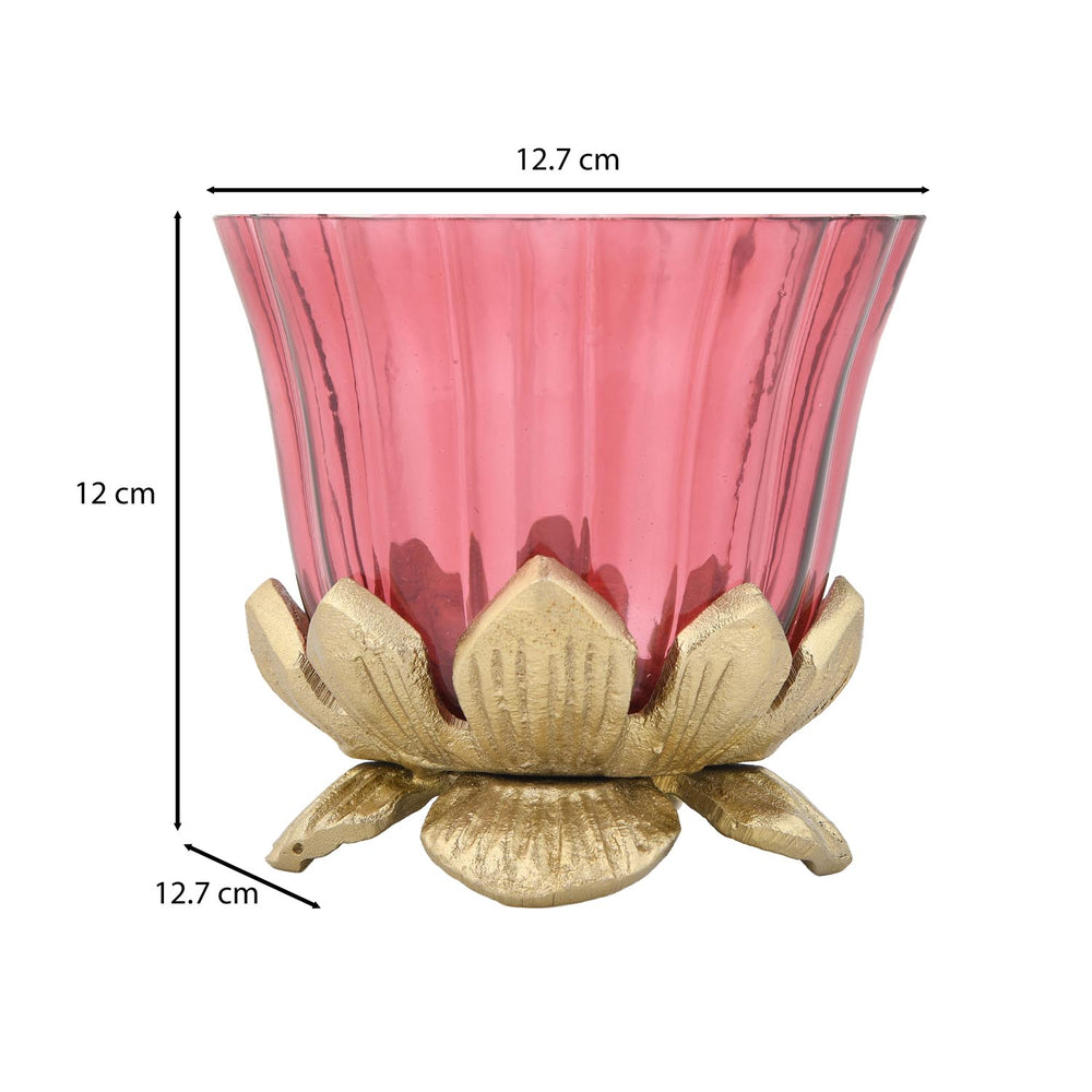 Lotus Base Metal and Glass Votive- Large, Pink & Gold