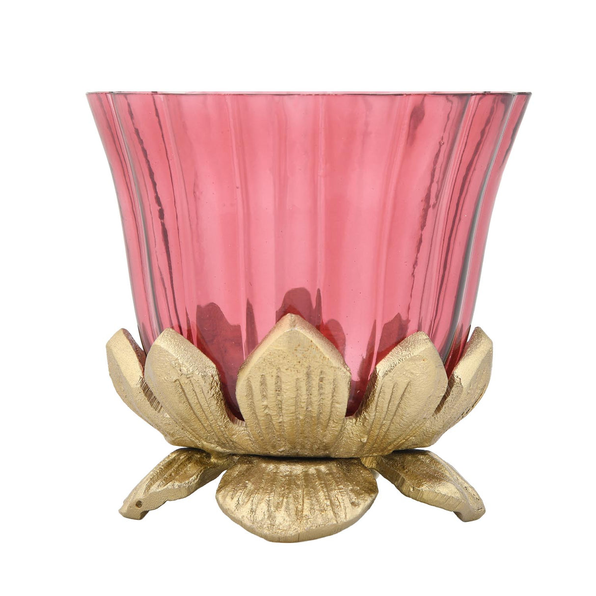 Lotus Base Metal and Glass Votive- Large, Pink & Gold