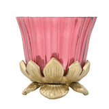 Lotus Base Metal and Glass Votive- Large, Pink & Gold