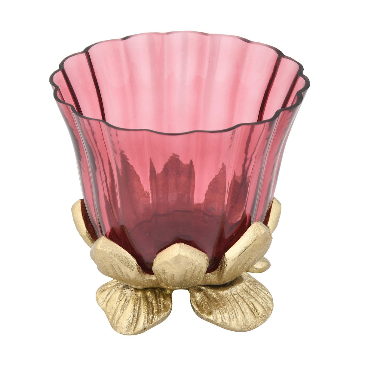 Lotus Base Metal and Glass Votive- Large, Pink & Gold
