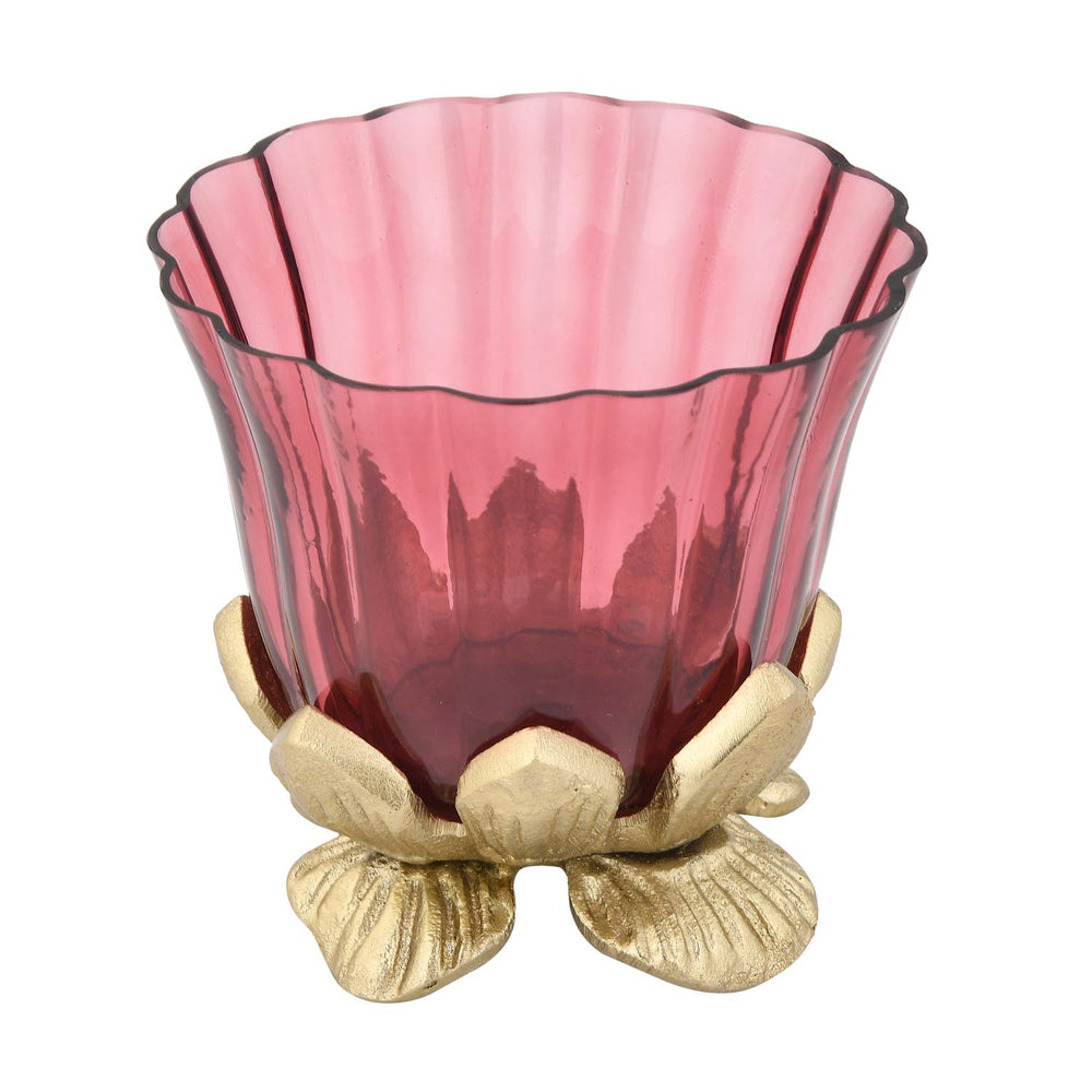 Lotus Base Metal and Glass Votive- Large, Pink & Gold
