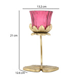 Single Lotus Metal and Glass Candle Holder- Pink & Gold