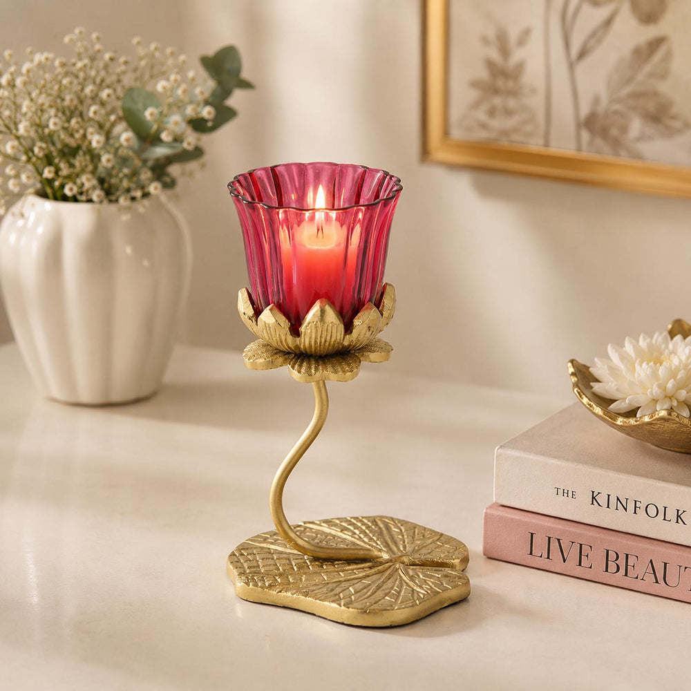 Single Lotus Metal and Glass Candle Holder- Pink & Gold