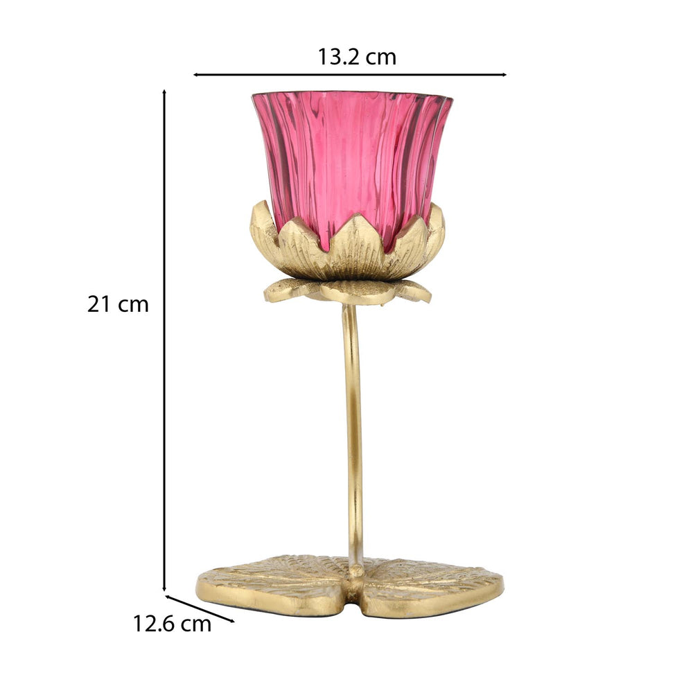 Single Lotus Metal and Glass Candle Holder- Pink & Gold