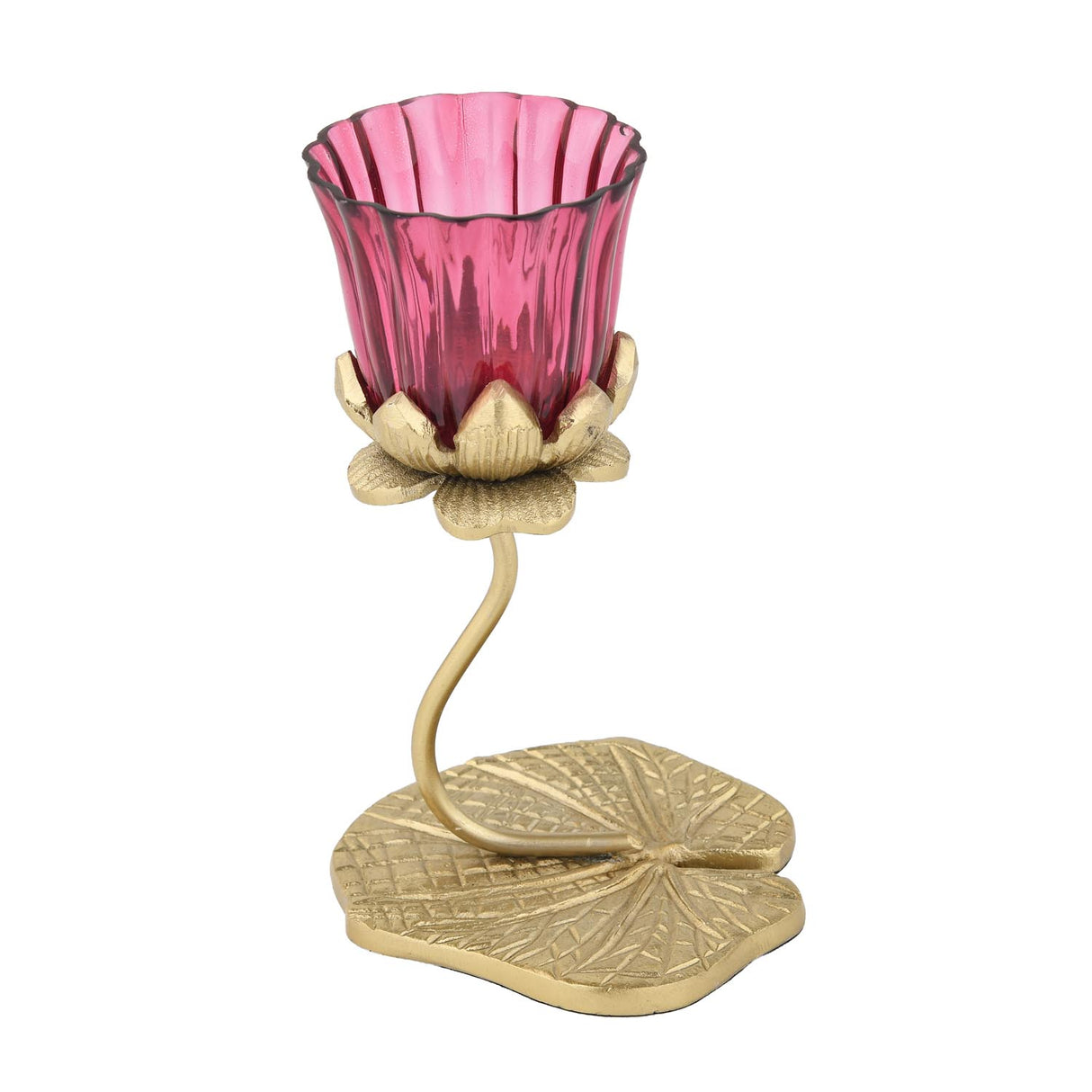 Single Lotus Metal and Glass Candle Holder- Pink & Gold