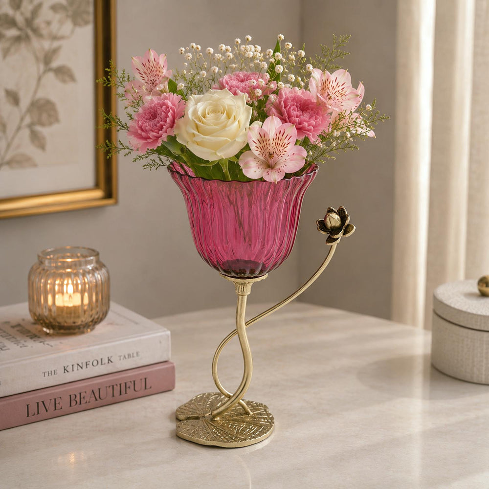 Fluted Lotus Metal and Glass Vase- Pink & Gold