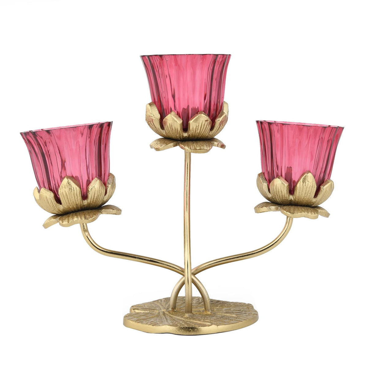Three Lotus Metal and Glass Candle Holder- Pink & Gold