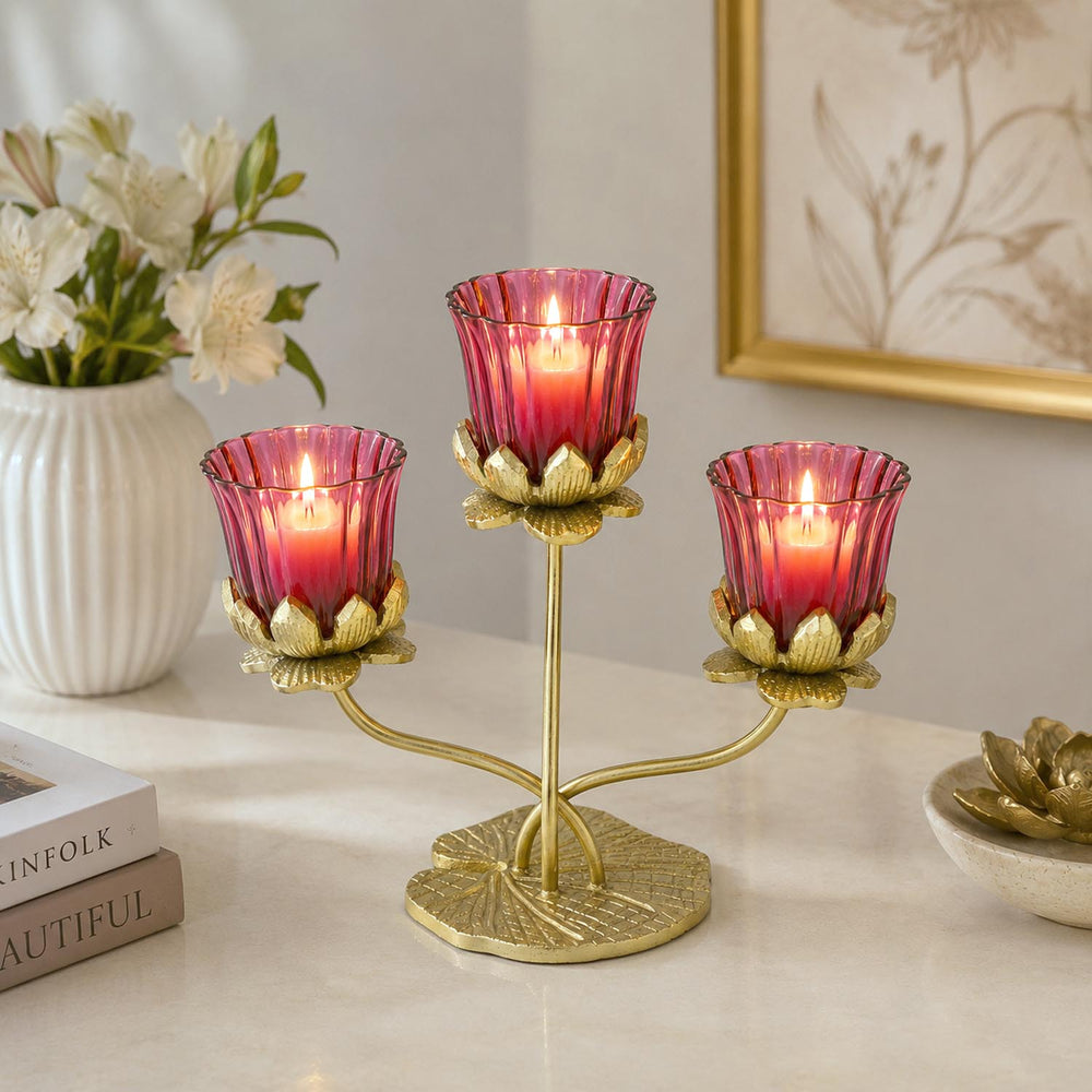 Three Lotus Metal and Glass Candle Holder- Pink & Gold