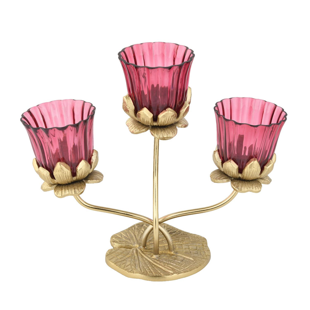 Three Lotus Metal and Glass Candle Holder- Pink & Gold