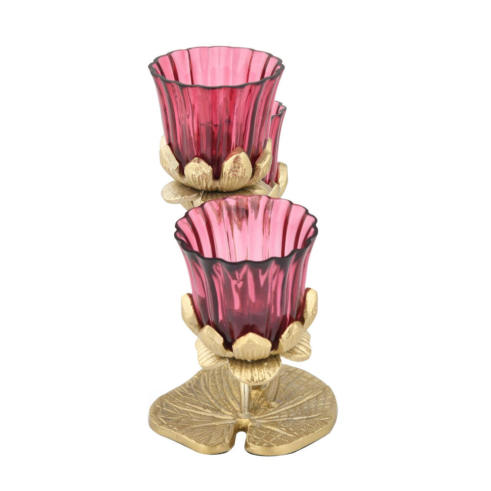 Three Lotus Metal and Glass Candle Holder- Pink & Gold