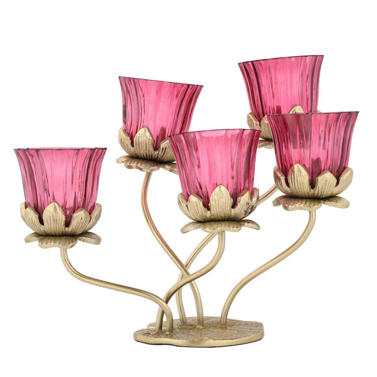 Five Lotus Metal and Glass Candle Holder- Pink & Gold