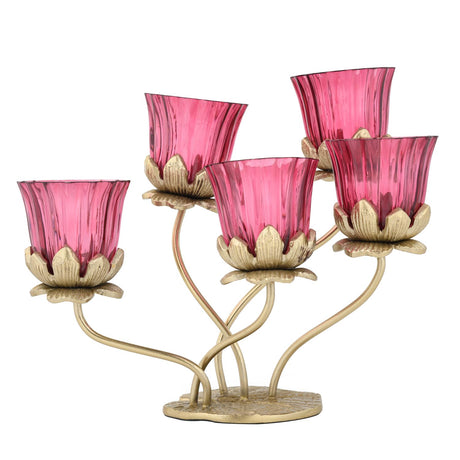 Five Lotus Metal and Glass Candle Holder- Pink & Gold