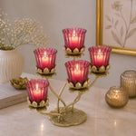 Five Lotus Metal and Glass Candle Holder- Pink & Gold