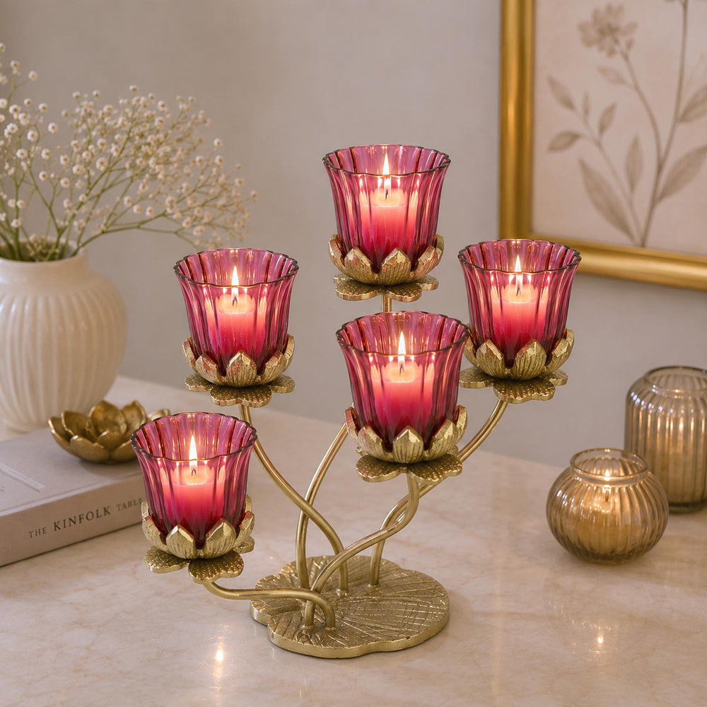Five Lotus Metal and Glass Candle Holder- Pink & Gold